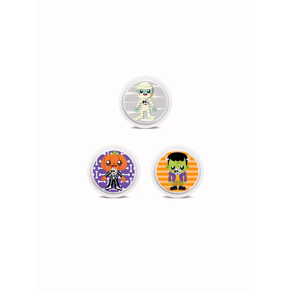 Freestyle Libre 2 Halloween Stickers - Set of 3 featuring cute Halloween characters: mummy, pumpkin head, and Frankenstein on colorful backgrounds.