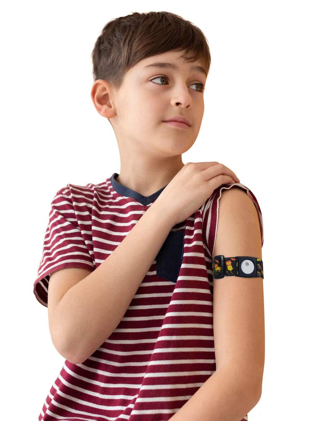 Child wearing Freestyle Libre 3 armband, Dia-Style Kiddy design, on arm for comfortable diabetes care.