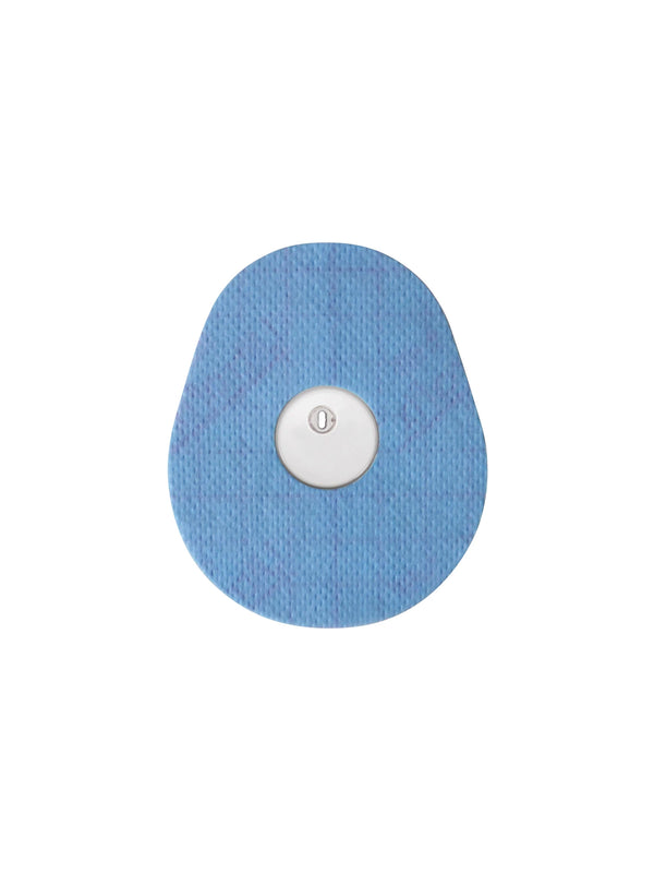 FreeStyle Libre 3 drop shape patch in blue solid color, breathable adhesive overpatch to help support sensor wear