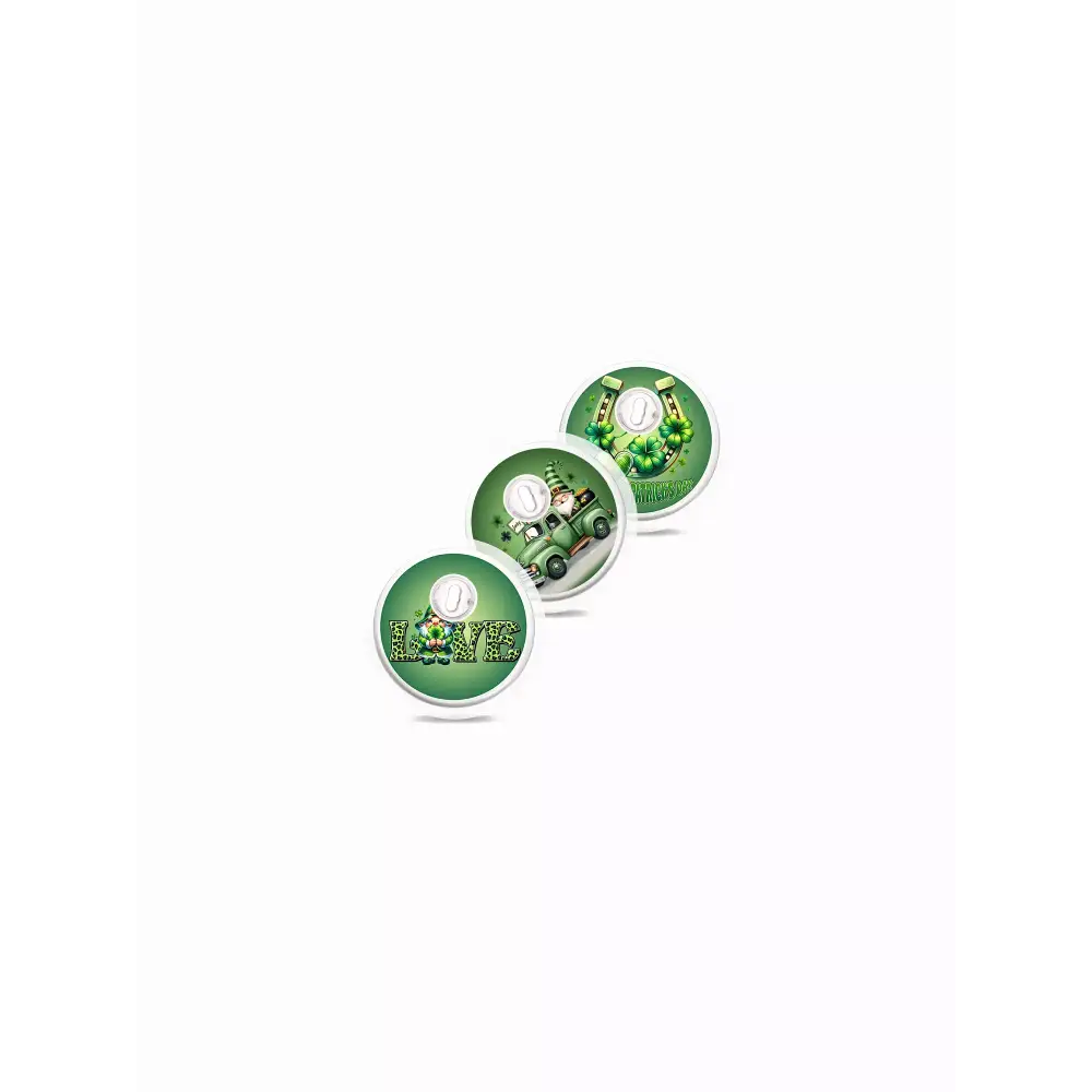 Freestyle Libre 3 sensor stickers, St. Patrick's Day edition, featuring festive green designs.