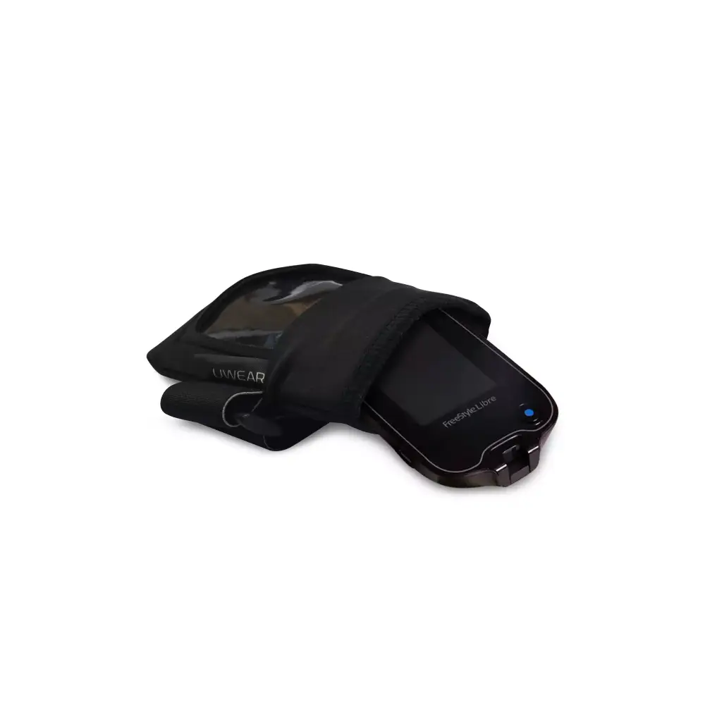 Freestyle Libre Reader in black Dia-Wrist Pouch with clear touchscreen window.