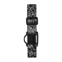 GlucoMen Day CGM armband adjustable black and white patterned strap for blood glucose sensor with secure fit and reusable tin box.