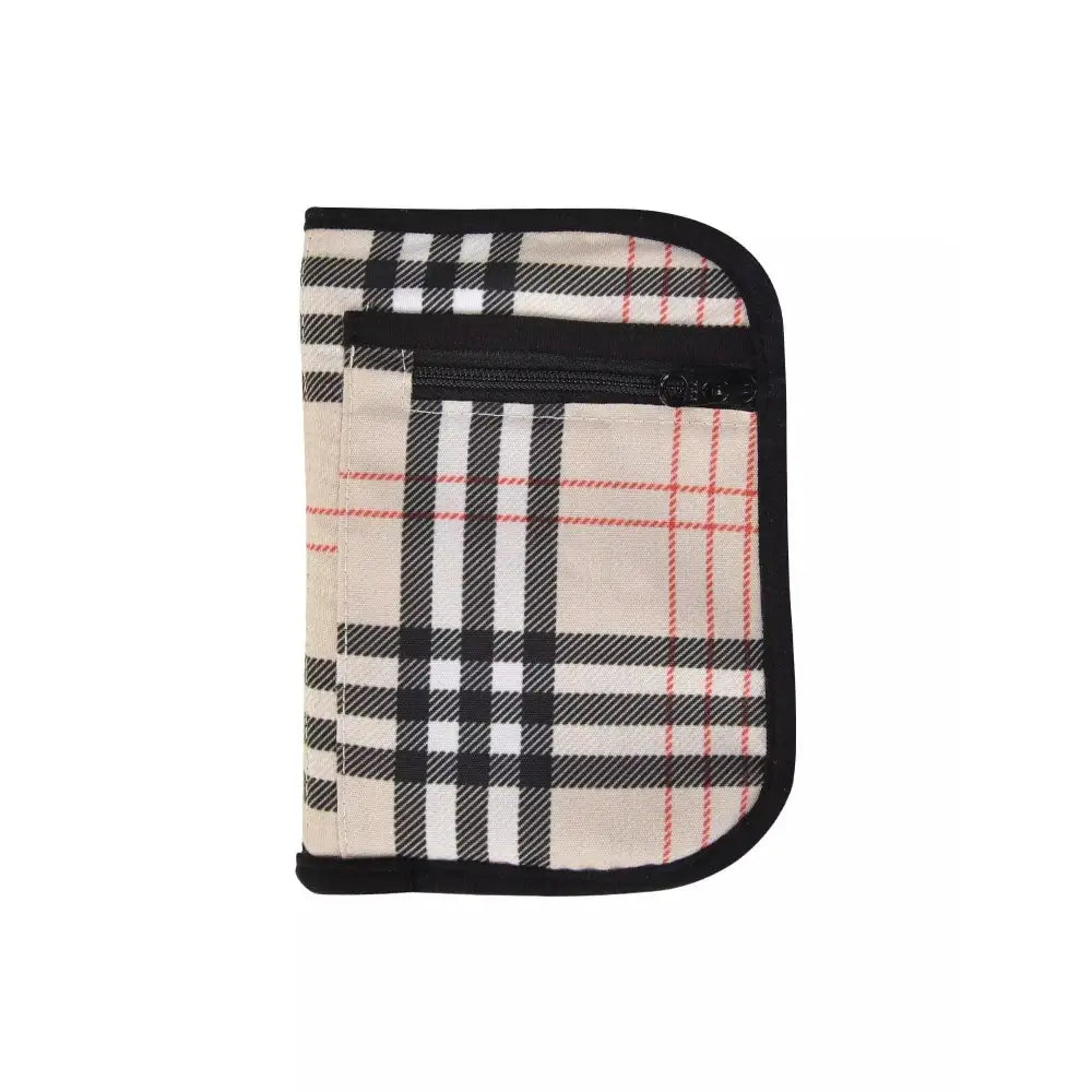 Compact and stylish diabetic travel case in plaid design for glucose meter and essentials.