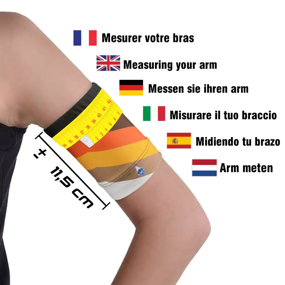 Glucose monitor and insulin pump armband summer edition shown fitting on upper arm with measuring tape demonstrating proper size measurement.