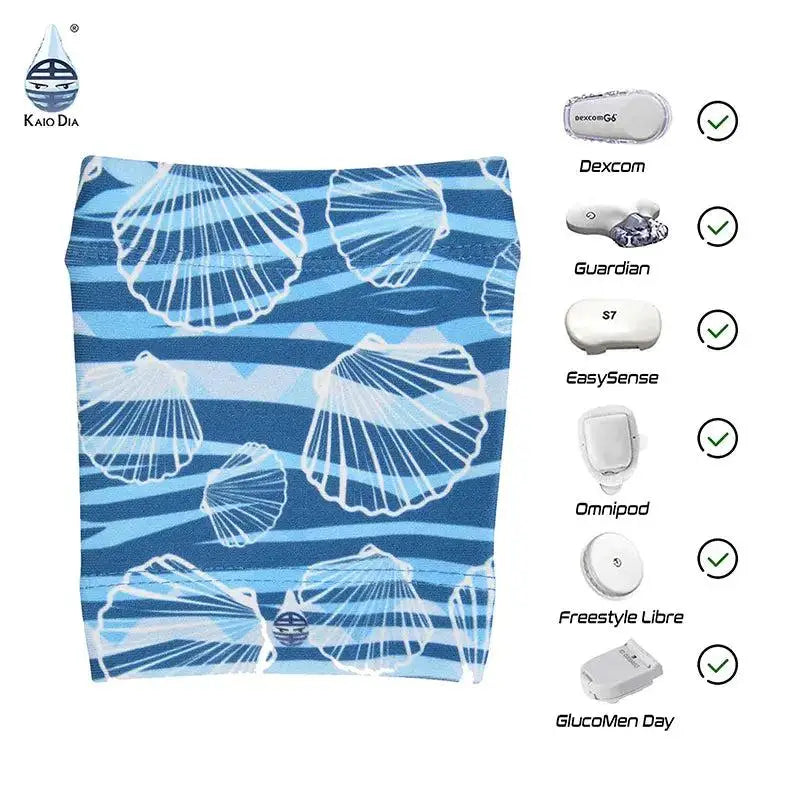 Glucose Sensor Armband - Sea and Beach Edition with shell design; compatible with various sensors including Dexcom, Guardian, and Omnipod.