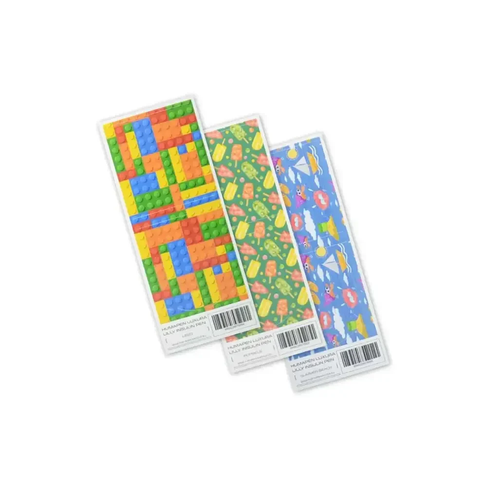 HumaPen Luxura Lilly insulin pen stickers for kids, featuring colorful and playful designs.