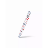 Transparent test tube with red particles, showcasing Christmas-themed stickers for diabetes management