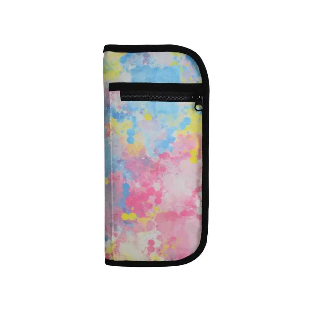 Colorful diabetic travel case with multiple compartments for insulin pens and glucose meter.