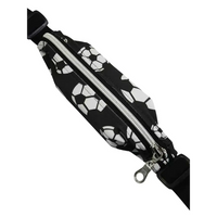 Insulin pump belt pouch for toddlers with reinforced openings and adjustable strap in black with soccer ball pattern.