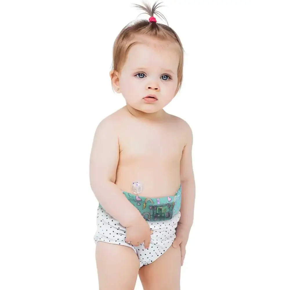 Insulin pump waist belt with mesh window for children showing a toddler wearing it.