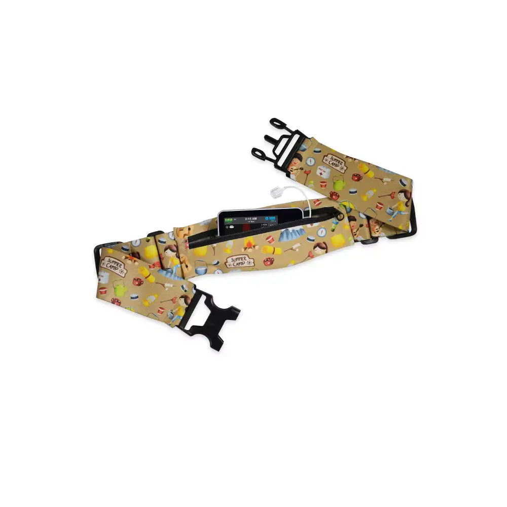 Insulin pump belt with window for kids in vibrant "Summer Camp" design.