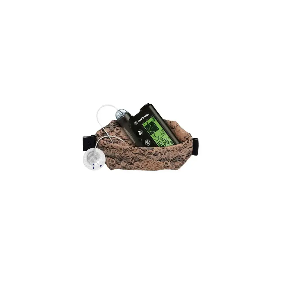Elegant lace insulin pump pouch showcasing delicate design and secure fit.