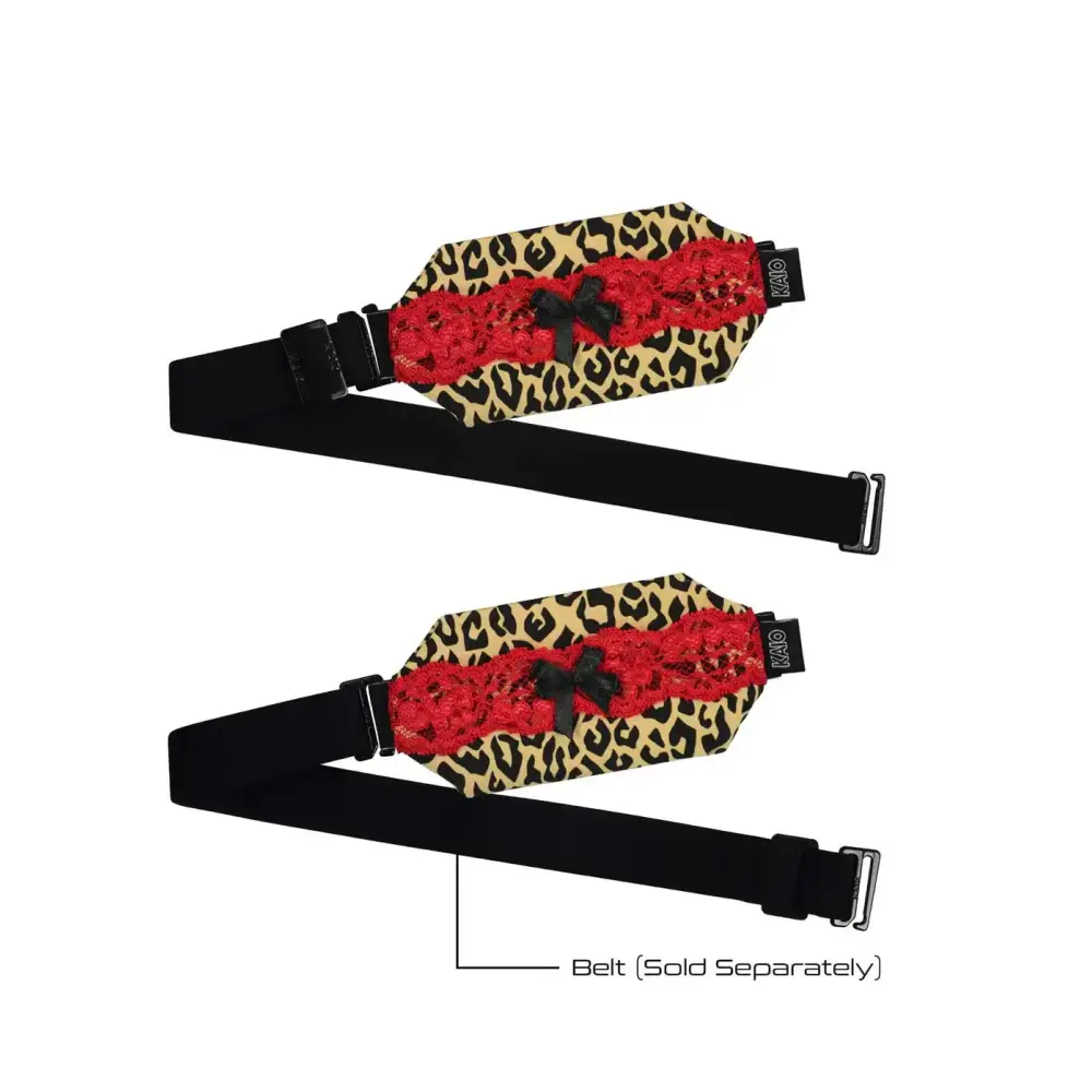 Elegant insulin pump pouch with lace detail, leopard print, and bow design; belt not included.