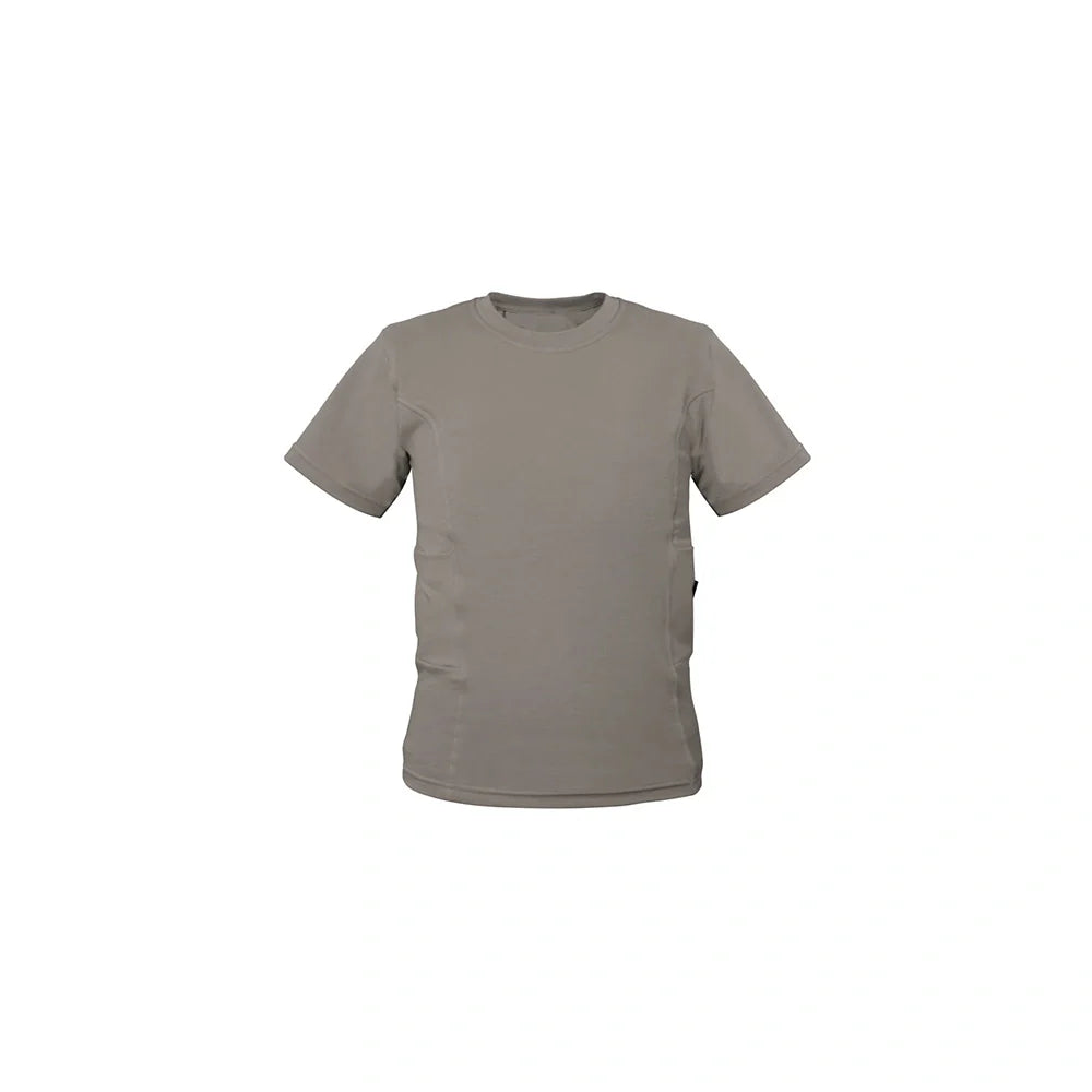 Insulin pump t-shirt for kids in grey with side pockets and tubing holes.