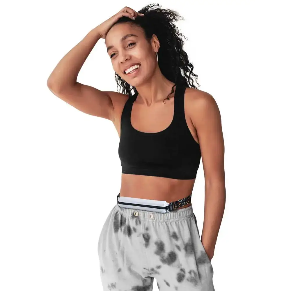 Adjustable belt for insulin pump pouches with stylish design, worn around waist for secure fit.