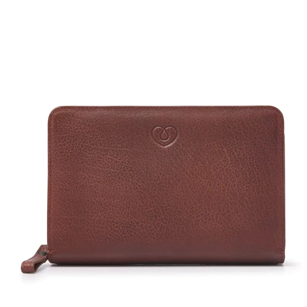 Stylish leather diabetic travel case with zip closure for organizing Type 1 diabetic supplies.