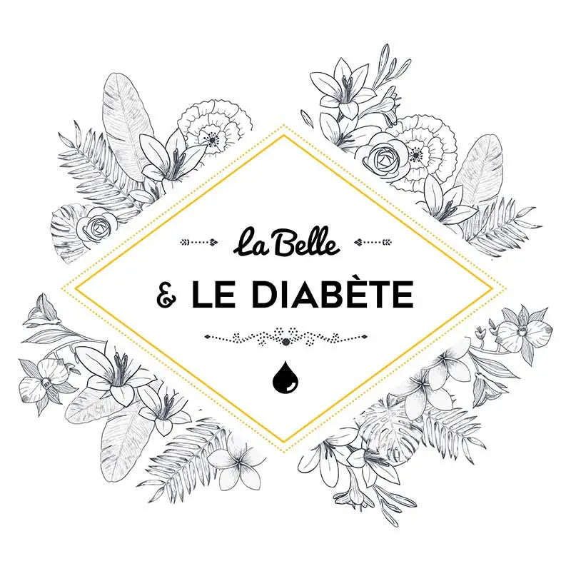 Logo "La Belle & Le Diabète" with a gold diamond frame and black and white floral illustrations. Imagen