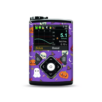 Medtronic Pump Stickers - Halloween creatures theme with cute characters like pumpkins, ghosts, and Frankenstein on a purple background.