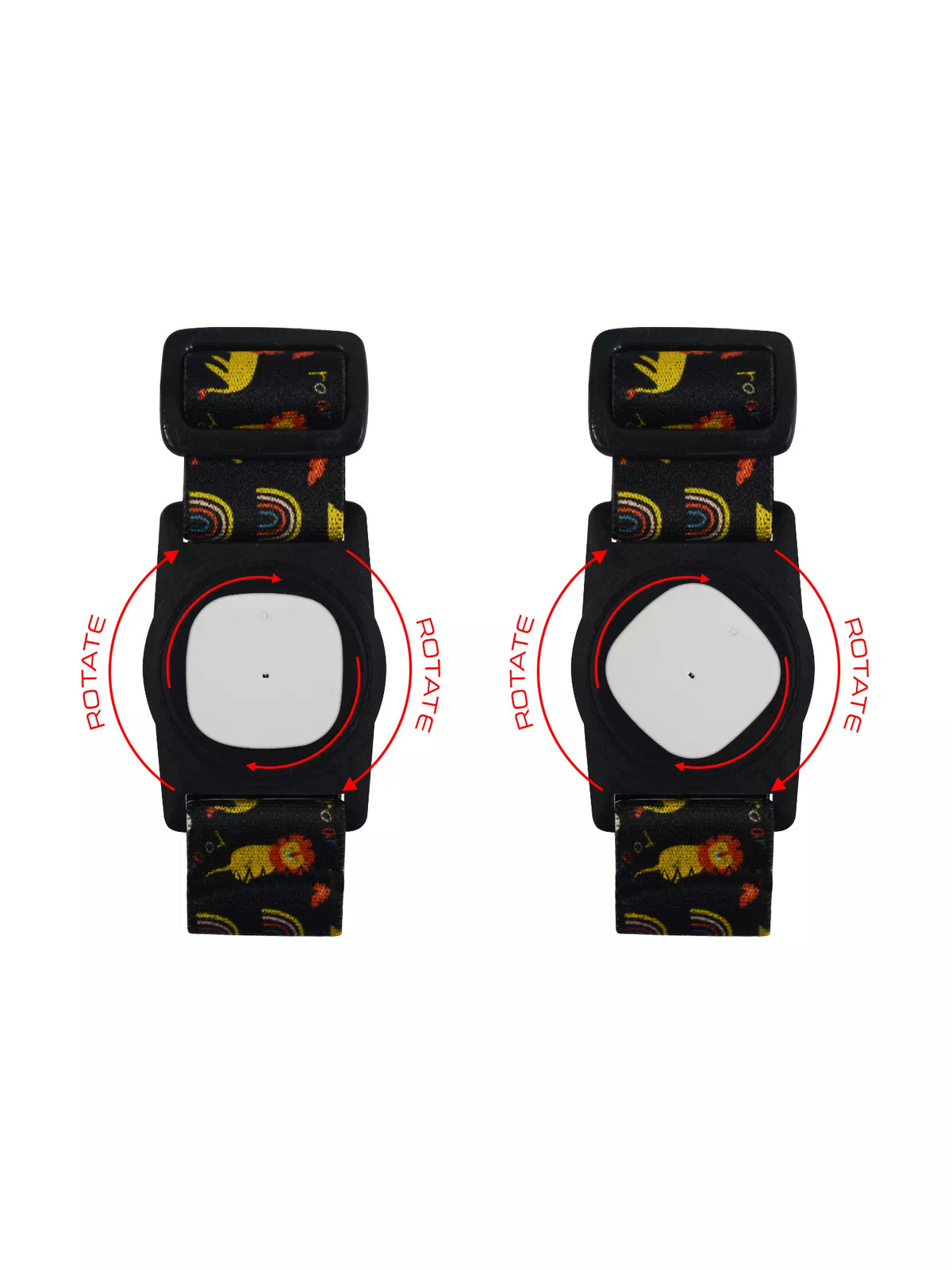 Colorful Simplera Sync Armband for children with rotating clip, featuring playful designs for Medtronic Simplera sensor protection.