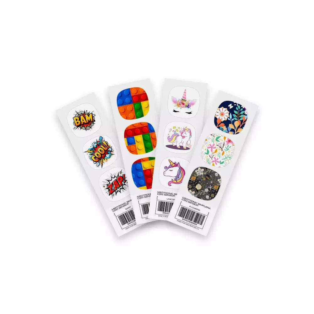 Medtronic Simplera CGM Stickers - Fun Vibes collection showcasing designs like BAM!, Lego, Unicorn, and Flowers. Customize and protect your CGM sensor with vibrant stickers.
