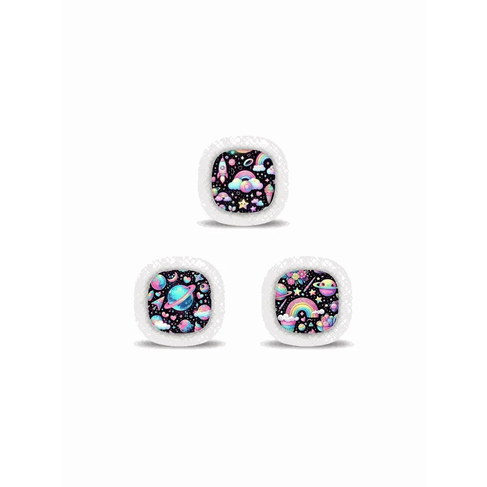 Medtronic Simplera CGM Stickers with playful cosmic designs, set of three, durable vinyl.
