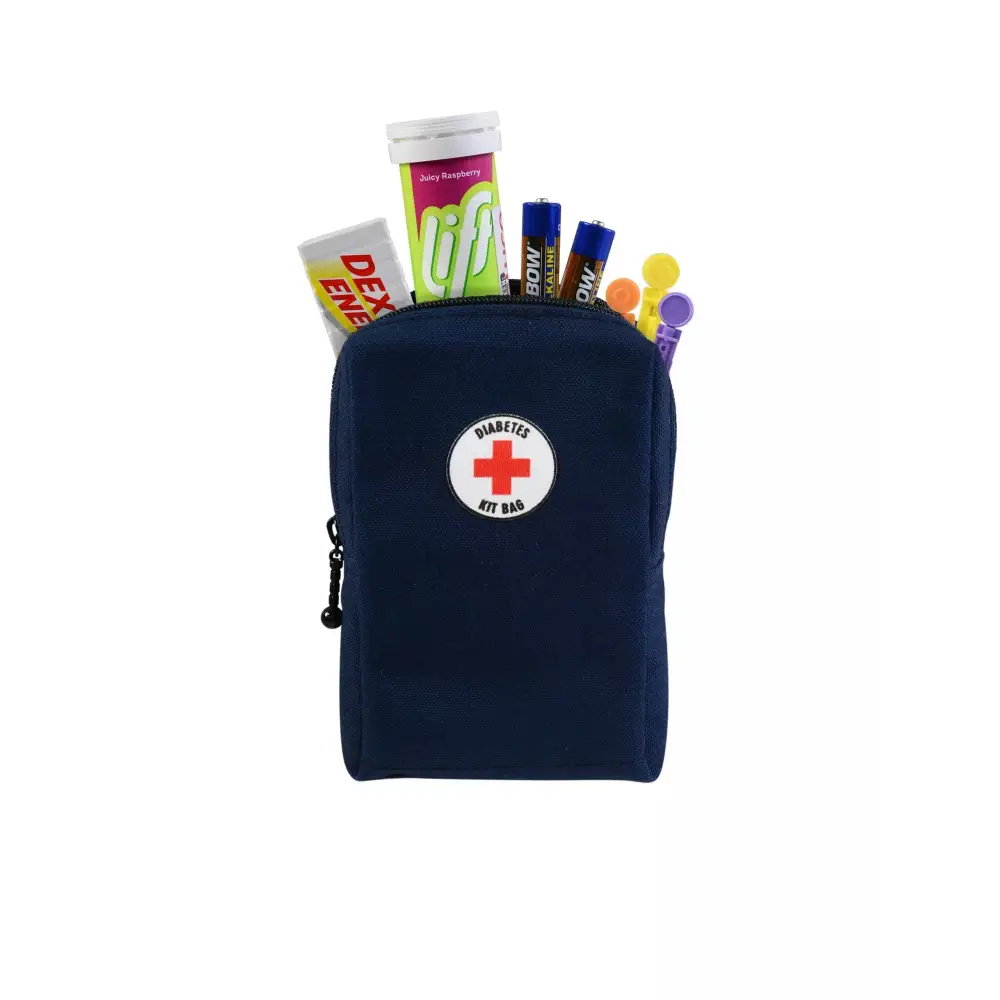 Mini kit bag for diabetics with medical supplies and snacks.