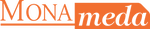 Orange "MONA" in serif font with an underline, next to "meda" in a white, script font on an orange background.