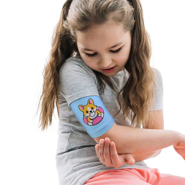 picc line arm sleeve worn by child with cute print protective cover for secure catheter support and comfortable daily use