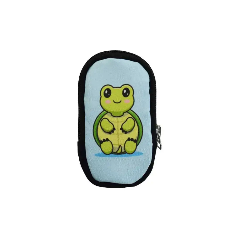 Compact pouch for glucose meter with cute turtle design and zipper closure, compatible with Dia-Utility Belt.