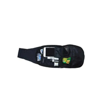 Black shoulder bag with insulin cooling system holding insulin pens, glucose meter, phone, medication, and diabetes snacks