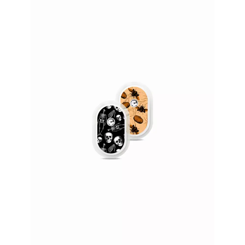 Sibionics GS1 Stickers - Set of 2 with creepy designs, including skeletons and skulls on a black background and spiders with pumpkins on an orange background.