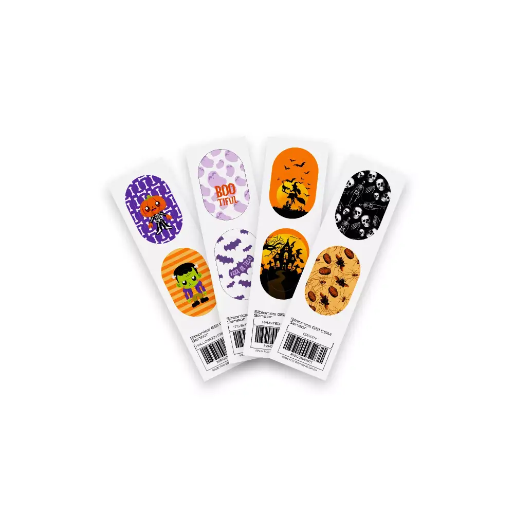 Sibionics GS1 Stickers Sheets - Assorted designs including 'Boo-tiful,' 'Trick or Treat,' Halloween creatures, and haunted house themes.