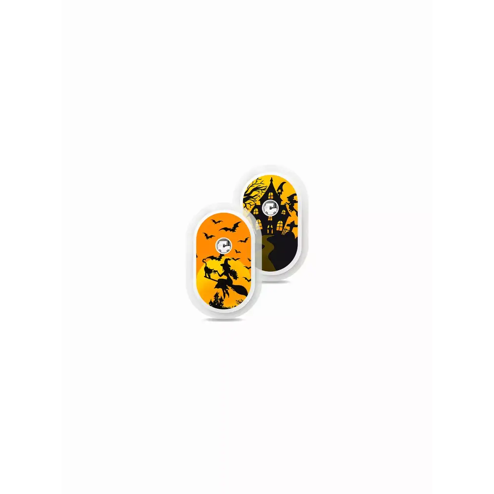 Sibionics GS1 Stickers - Set of 2 featuring haunted house designs with witches, bats, and spooky trees on a vibrant orange background.