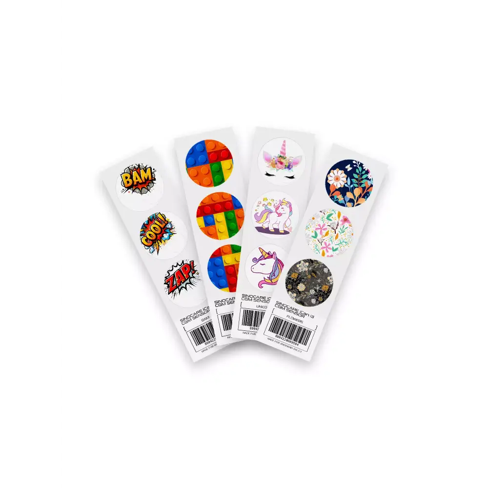 Sinocare iCan i3 CGM Stickers - Fun Vibes collection showcasing designs like BAM!, Lego, Unicorn, and Flowers. Customize and protect your CGM sensor with vibrant stickers.