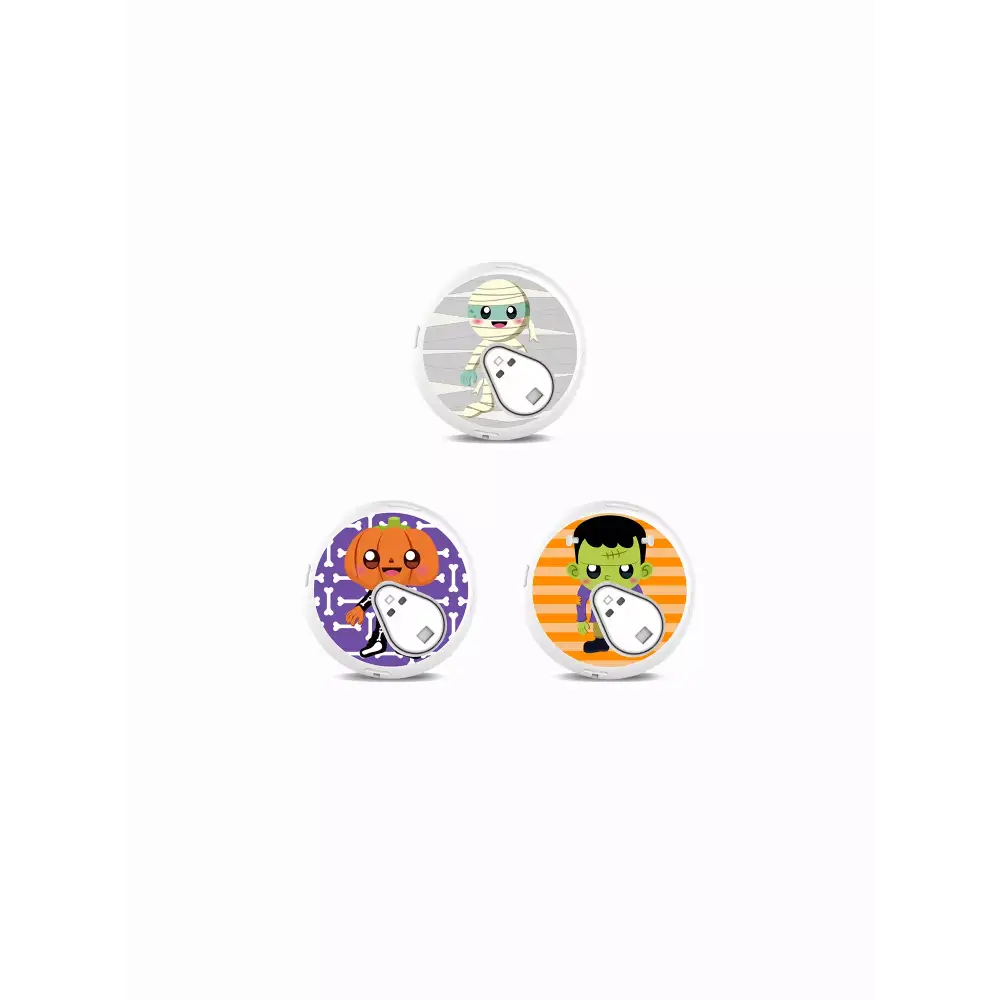 Sinocare iCan i3 stickers with fun Halloween creatures like a mummy, pumpkin, and Frankenstein, designed to protect and decorate.