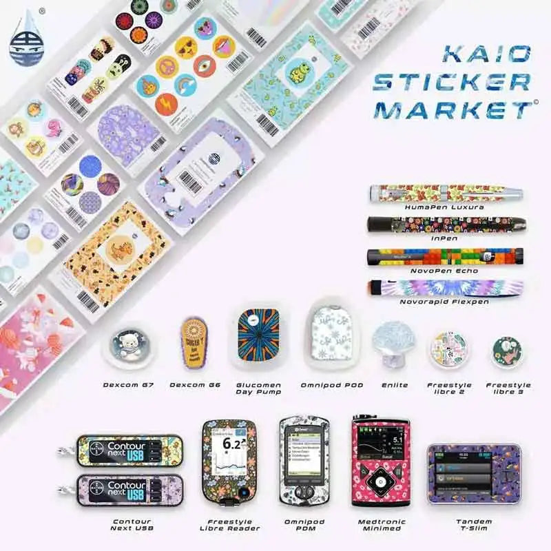 Colorful, decorative stickers for various diabetic devices like insulin pens, glucose monitors, and pumps.
