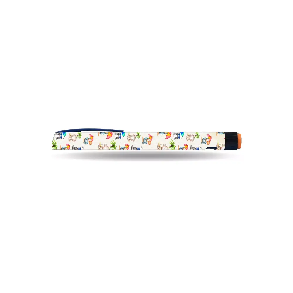 NovoRapid FlexPen with vibrant summer edition stickers featuring tropical motifs.