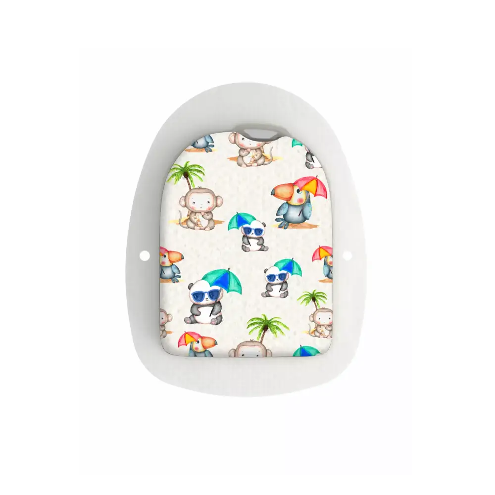 Omnipod Pod with Summer Edition stickers featuring playful monkeys and penguins with umbrellas and sunglasses.