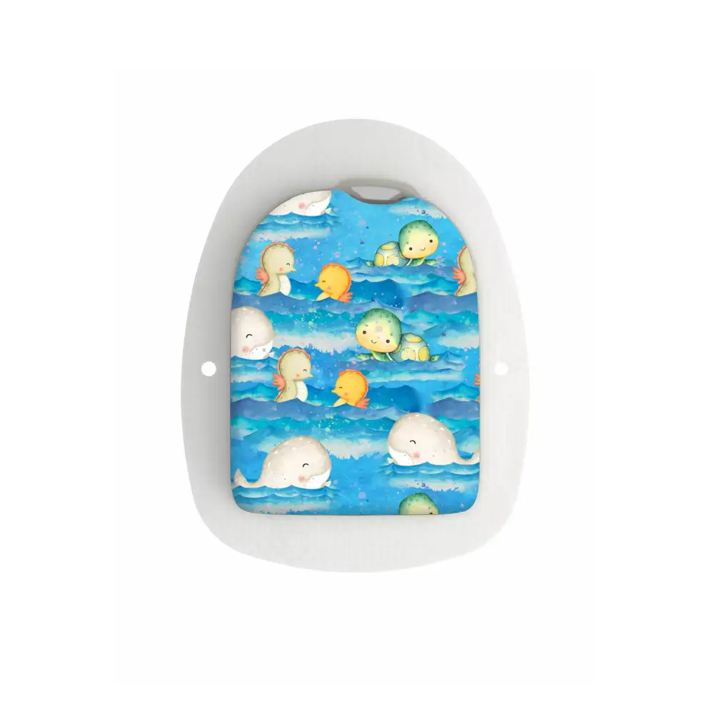 Omnipod Pod with Summer Edition ocean-themed sticker featuring sea creatures in vibrant blue.