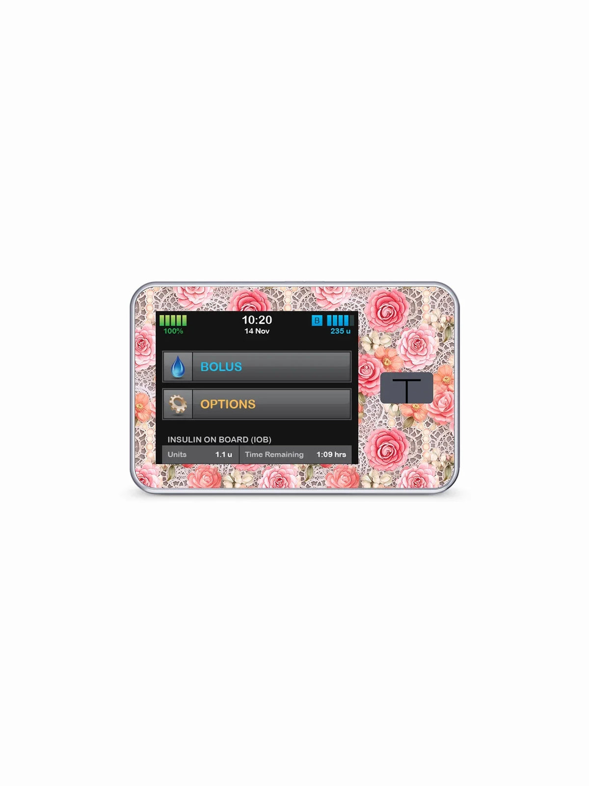 Tandem T slim insulin pump with Summer Edition floral sticker design.