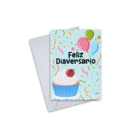 Diaversary card with cupcake and balloons, celebrating diabetes journey.