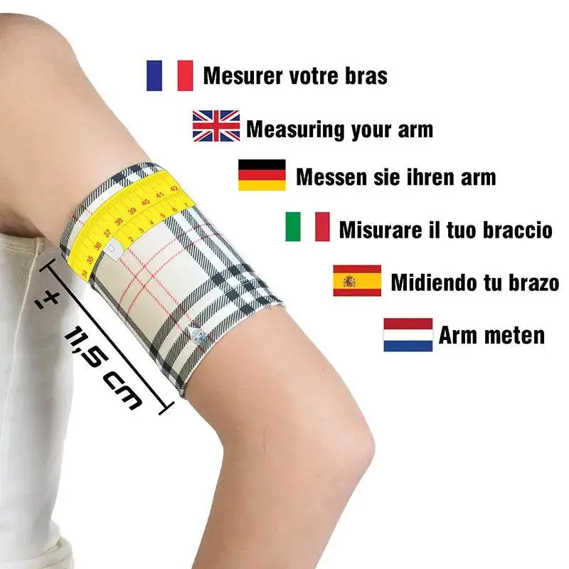 Trendy CGM armband for glucose sensor and insulin pump, displayed on arm with measuring tape, in retro design.