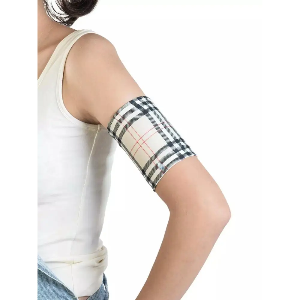 Trendy CGM arm band with retro plaid design for glucose sensor and insulin pump.