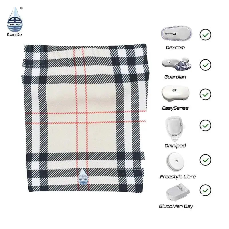 Trendy armband for glucose sensor and insulin pump, compatible with Dexcom, Guardian, EasySense, Omnipod, Freestyle Libre, and GlucoMen Day, featuring a stylish plaid design.