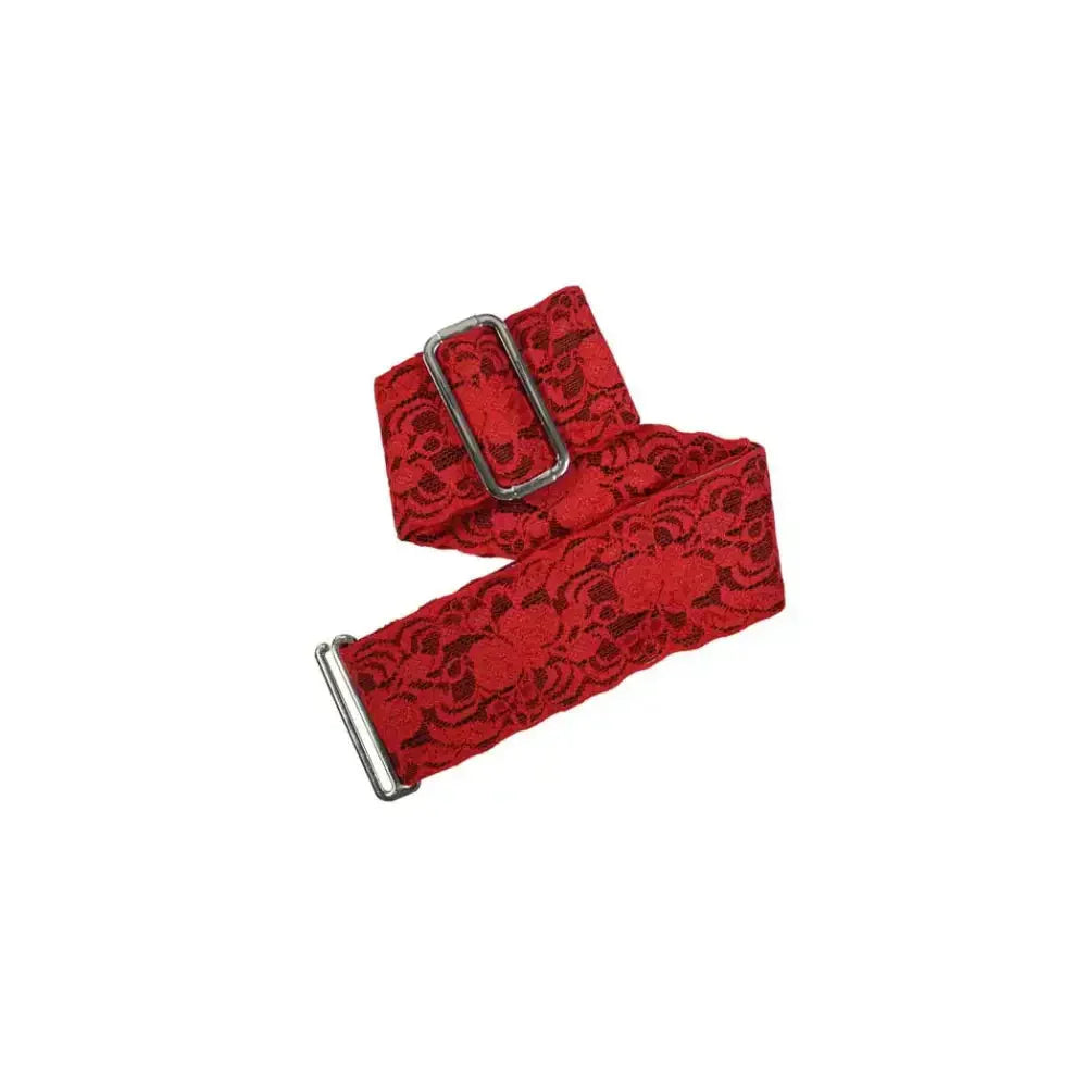 Red lace insulin pump arm and leg band with adjustable aluminum G-hook for personalized fit.