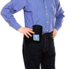 Person wearing vertical infusion pump bag with adjustable waist belt for continuous therapy pumps daily
