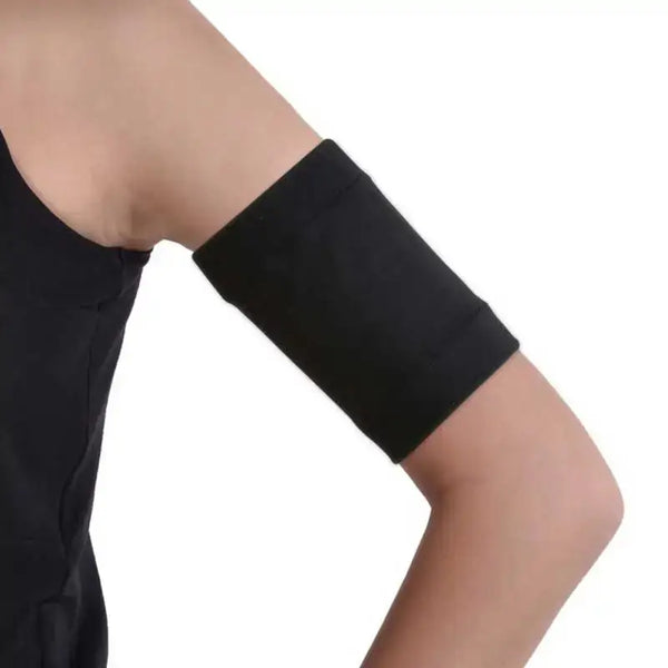 Children wearing black Dia-Band armband for blood glucose sensor protection.