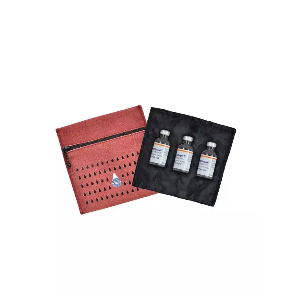Cooling wallet for three insulin vials with red pouch, Dia-Cool travel case for insulin safety.