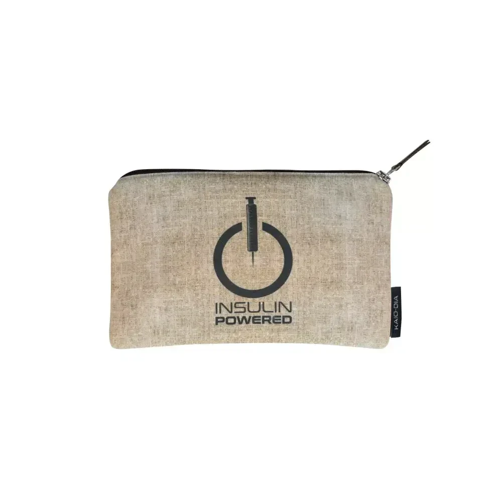 Zipper bag for diabetics with insulin themed design, beige fabric, ideal for glucose meters and supplies.