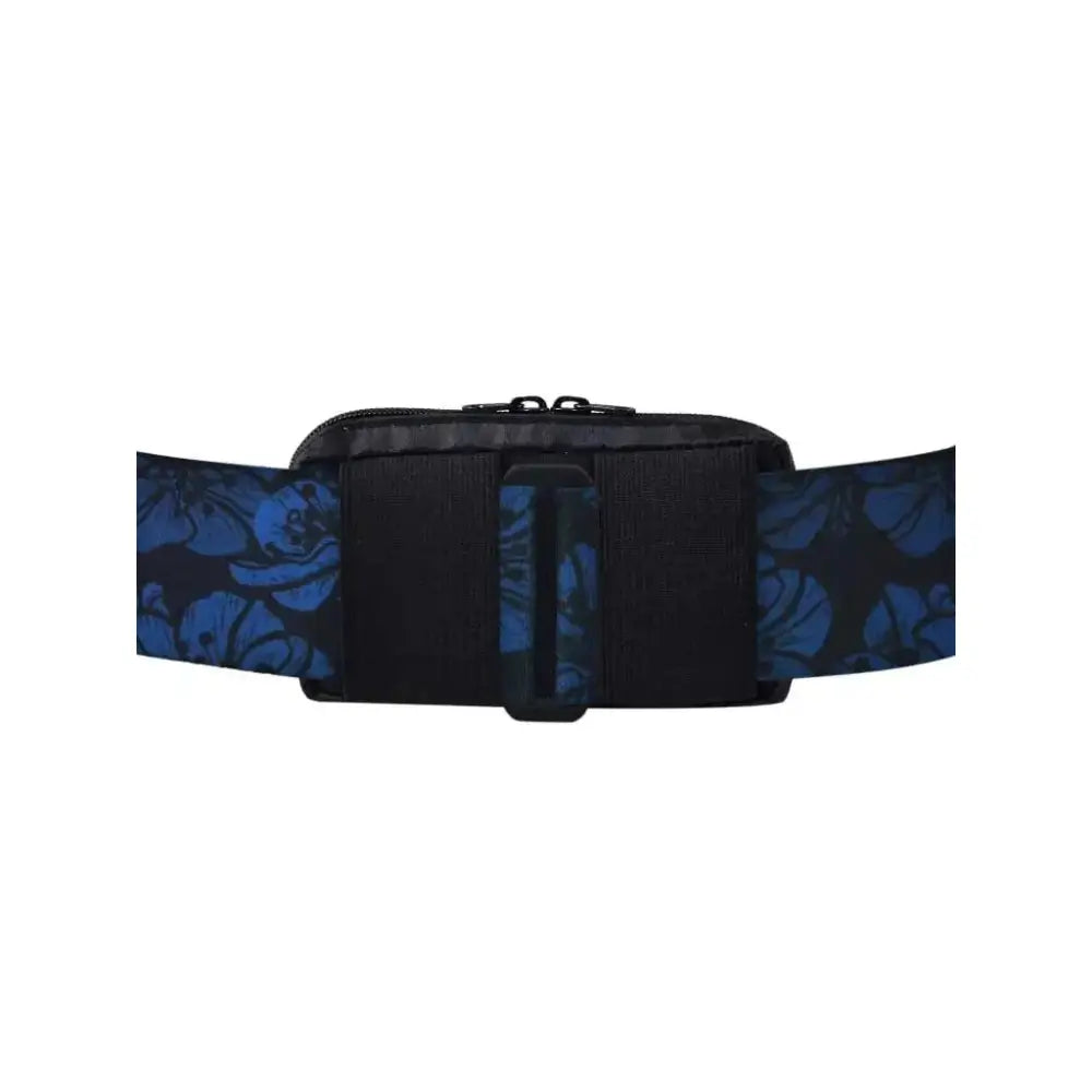 Horizontal insulin pump case with blue floral belt design.